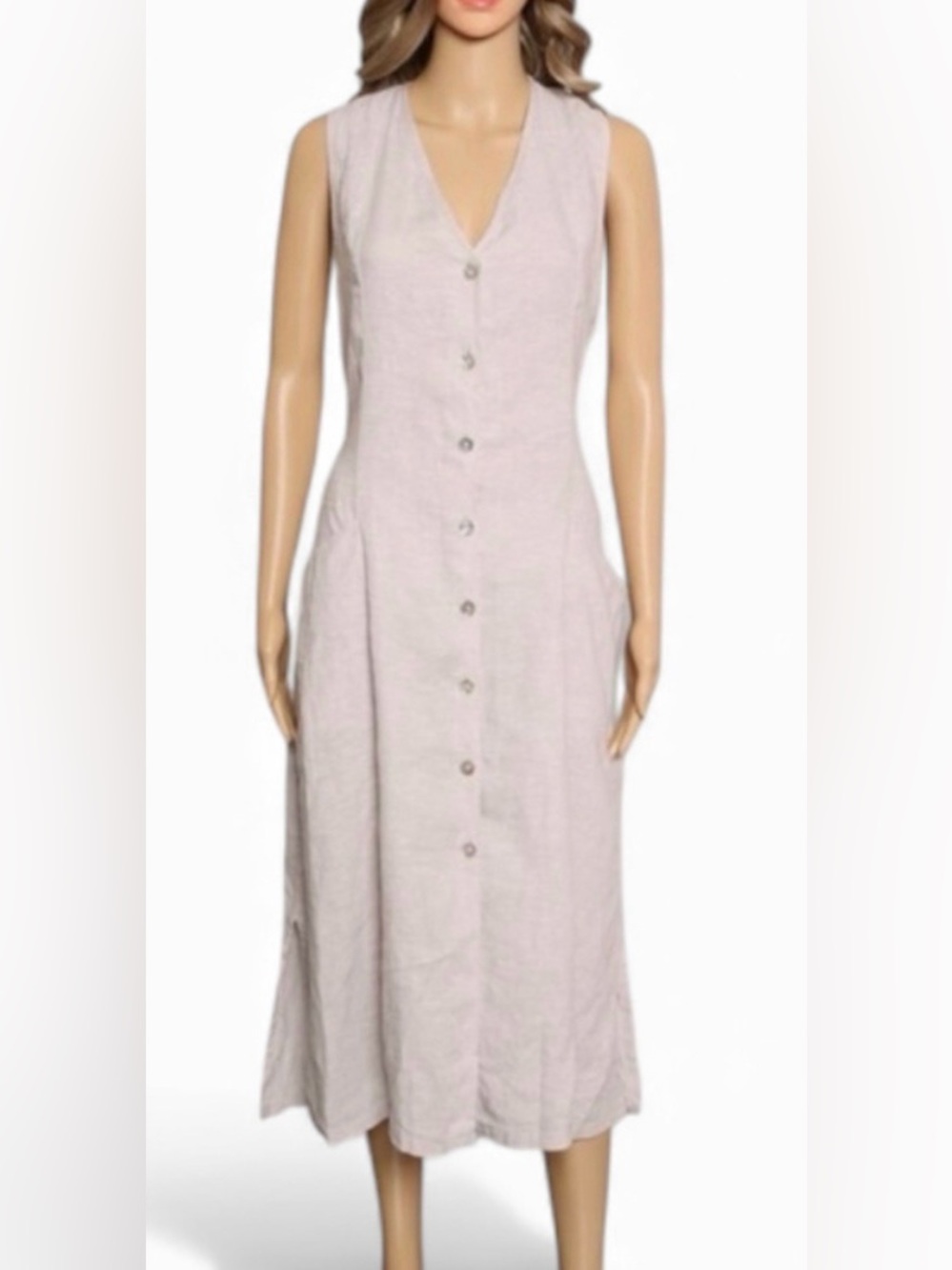 Tahari 100% Linen Button-Front Midi Dress in Tan 8 or 12
